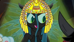 Size: 1400x800 | Tagged: safe, derpibooru import, edit, edited screencap, screencap, cozy glow, lord tirek, queen chrysalis, changeling, changeling queen, pegasus, pony, frenemies (episode), egyptian, female, filly, solo focus