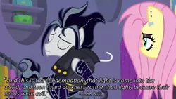 Size: 1280x720 | Tagged: bible verse, derpibooru import, edit, edited screencap, fake it 'til you make it, fluttergoth, fluttershy, goth, meta, mouthpiece, out of context, out of context quote, religion, safe, screencap, snow hope, text