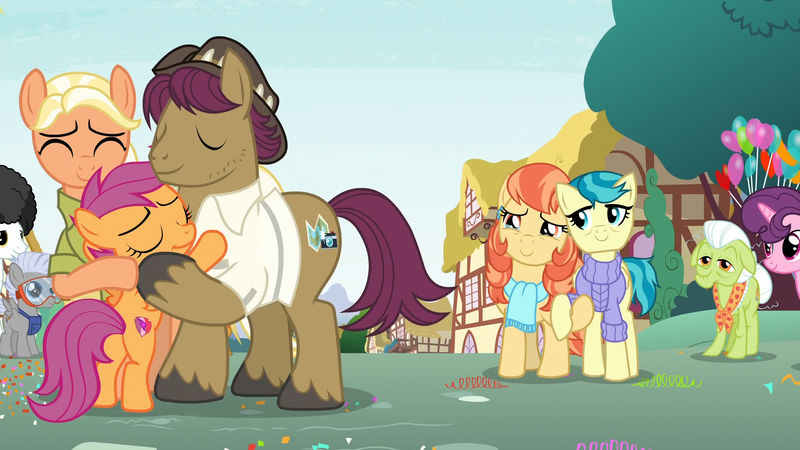 Size: 1920x1080 | Tagged: safe, derpibooru import, screencap, aunt holiday, auntie lofty, chipcutter, granny smith, mane allgood, mercury, scootaloo, snap shutter, starry eyes (character), sugar belle, earth pony, pegasus, pony, unicorn, the last crusade, best friends, butt, clothes, cutie mark, female, filly, foal, holding hooves, hug, lesbian, lofty day, male, mare, plot, scarf, scootalove, shipping, stallion, sweater, the cmc's cutie marks