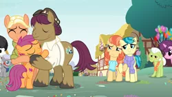 Size: 1920x1080 | Tagged: safe, derpibooru import, screencap, aunt holiday, auntie lofty, chipcutter, granny smith, mane allgood, mercury, scootaloo, snap shutter, starry eyes (character), sugar belle, earth pony, pegasus, pony, unicorn, the last crusade, best friends, butt, clothes, cutie mark, female, filly, foal, holding hooves, hug, lesbian, lofty day, male, mare, plot, scarf, scootalove, shipping, stallion, sweater, the cmc's cutie marks