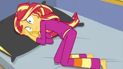 Size: 1280x720 | Tagged: safe, derpibooru import, screencap, sunset shimmer, equestria girls, equestria girls series, wake up!, spoiler:choose your own ending (season 2), spoiler:eqg series (season 2), barefoot, clothes, cyoa, feet, midriff, pajamas, sleeping, solo, wake up!: applejack