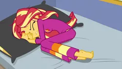 Size: 1280x720 | Tagged: safe, derpibooru import, screencap, sunset shimmer, equestria girls, equestria girls series, wake up!, spoiler:choose your own ending (season 2), spoiler:eqg series (season 2), barefoot, clothes, curled toes, cyoa, feet, midriff, pajamas, sleepy, solo, toe curl, wake up!: applejack