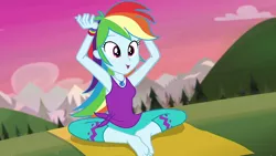 Size: 1280x720 | Tagged: safe, derpibooru import, rainbow dash, equestria girls, equestria girls series, wake up!, spoiler:choose your own ending (season 2), spoiler:eqg series (season 2), armpits, barefoot, clothes, confused lemur, feet, flexible, geode of super speed, magical geodes, pants, pose, sleeveless, solo, tanktop, wake up!: rainbow dash, yoga, yoga mat, yoga pants