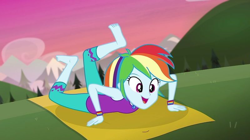 Size: 1280x720 | Tagged: safe, derpibooru import, rainbow dash, equestria girls, equestria girls series, wake up!, spoiler:choose your own ending (season 2), spoiler:eqg series (season 2), barefoot, clothes, cute, dashabetes, feet, flexible, geode of super speed, horse on a bike, magical geodes, pants, pose, sleeveless, solo, tanktop, wake up!: rainbow dash, yoga, yoga mat, yoga pants, yoga pose