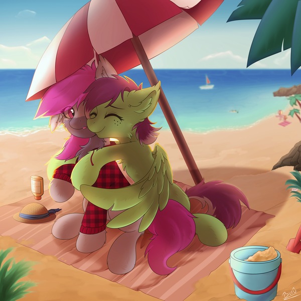 Size: 2500x2500 | Tagged: safe, artist:burû, derpibooru import, oc, oc:neon, oc:watermelon success, unofficial characters only, pony, beach, umbrella