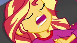 Size: 1280x720 | Tagged: safe, derpibooru import, screencap, sunset shimmer, equestria girls, equestria girls series, wake up!, spoiler:choose your own ending (season 2), spoiler:eqg series (season 2), drool, majestic as fuck, sleeping, solo