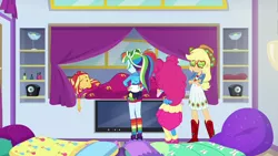 Size: 1280x720 | Tagged: safe, derpibooru import, screencap, applejack, pinkie pie, rainbow dash, sunset shimmer, equestria girls, equestria girls series, wake up!, spoiler:choose your own ending (season 2), spoiler:eqg series (season 2), sleeping