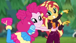 Size: 1280x720 | Tagged: safe, derpibooru import, screencap, pinkie pie, sunset shimmer, equestria girls, equestria girls series, wake up!, spoiler:choose your own ending (season 2), spoiler:eqg series (season 2), clothes, dilated pupils, hug, shoes, sneakers, sugar rush, wake up!: pinkie pie