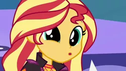 Size: 1280x720 | Tagged: safe, derpibooru import, screencap, sunset shimmer, equestria girls, equestria girls series, wake up!, spoiler:choose your own ending (season 2), spoiler:eqg series (season 2), dilated pupils, solo, sugar rush, wake up!: pinkie pie