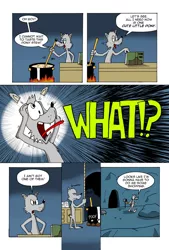 Size: 1024x1512 | Tagged: safe, artist:cartoon-eric, derpibooru import, oc, oc:fred wolfbane, pony, comic:pink. it's what's for dinner, book, cave, comic, cookbook, cooking pot, courage the cowardly dog, exclamation point, fire, interrobang, mailbox, question mark, rope