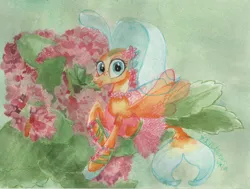 Size: 3516x2665 | Tagged: artist:kelseyleah, clothes, derpibooru import, flower, kalanchoe, my little pony: the movie, princess skystar, safe, seapony (g4), solo, traditional art, watercolor painting