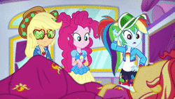 Size: 1920x1080 | Tagged: safe, derpibooru import, screencap, applejack, pinkie pie, rainbow dash, sunset shimmer, equestria girls, equestria girls series, wake up!, spoiler:choose your own ending (season 2), spoiler:eqg series (season 2), animated, bed, clothes, covering, dress, geode of sugar bombs, geode of super speed, hat, implied princess celestia, jacket, looking at each other, looking at someone, magical geodes, pants, pillow, rv, sleep talking, sleeping, sound, sunglasses, webm, worried