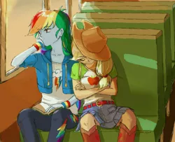 Size: 1076x872 | Tagged: safe, artist:puri__kyua, derpibooru import, applejack, rainbow dash, equestria girls, equestria girls series, appledash, applejack's hat, boots, bus, clothes, cowboy hat, female, hat, lesbian, pants, shipping, shirt, shoes, sleeping