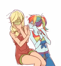 Size: 1300x1400 | Tagged: safe, artist:dcon, derpibooru import, applejack, rainbow dash, equestria girls, equestria girls series, spring breakdown, spoiler:eqg series (season 2), appledash, belly button, eyes closed, female, heart, legs, lesbian, seasickness, shipping, sleeveless