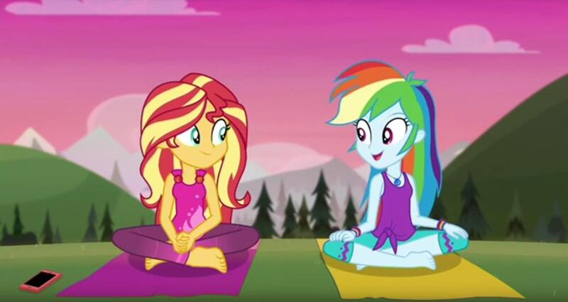 Size: 1304x692 | Tagged: safe, derpibooru import, screencap, rainbow dash, sunset shimmer, equestria girls, equestria girls series, wake up!, spoiler:choose your own ending (season 2), spoiler:eqg series (season 2), barefoot, clothes, feet, flexible, image, jpeg, mobile phone, phone, wake up!: rainbow dash, yoga