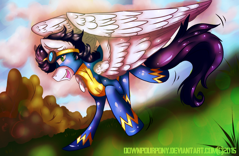 Size: 2600x1700 | Tagged: safe, artist:downpourpony, derpibooru import, soarin', pegasus, pony, clothes, colored pupils, ear fluff, goggles, male, open mouth, profile, solo, spread wings, stallion, uniform, wing fluff, wings, wonderbolts, wonderbolts uniform