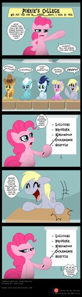 Size: 800x2889 | Tagged: safe, artist:niban-destikim, derpibooru import, braeburn, derpy hooves, fleetfoot, pinkie pie, soarin', oc, earth pony, pegasus, pony, annoyed, blatant lies, classroom, clown college, comic, commission, dialogue, homie the clown, laughing, parody, patreon, patreon commission, patreon logo, pointer, simpsons did it, smiling, the simpsons, word balloon