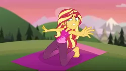 Size: 1280x720 | Tagged: safe, derpibooru import, screencap, sunset shimmer, equestria girls, equestria girls series, wake up!, spoiler:choose your own ending (season 2), spoiler:eqg series (season 2), barefoot, clothes, feet, pants, reaching out, solo, wake up!: rainbow dash, yoga, yoga mat, yoga pants