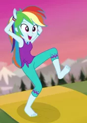 Size: 507x715 | Tagged: safe, derpibooru import, screencap, rainbow dash, equestria girls, equestria girls series, wake up!, spoiler:choose your own ending (season 2), spoiler:eqg series (season 2), barefoot, clothes, cropped, feet, geode of super speed, magical geodes, pants, solo, wake up!: rainbow dash, yoga, yoga mat, yoga pants