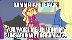 Size: 600x337 | Tagged: suggestive, derpibooru import, edit, edited screencap, screencap, applejack, sunset shimmer, equestria girls, equestria girls series, wake up!, spoiler:choose your own ending (season 2), spoiler:eqg series (season 2), caption, image macro, implied lesbian, implied shipping, implied sunsagio, nice, text, wake up!: applejack