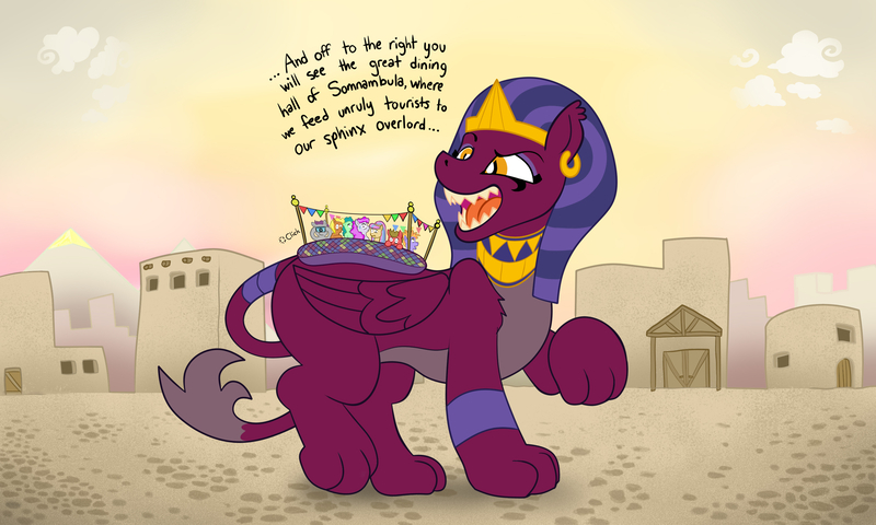 Size: 2880x1728 | Tagged: safe, artist:wispy tuft, derpibooru import, sphinx (character), pony, sphinx, daring done?, clothes, concerned, confused, egyptian, eyeshadow, female, fetish, floppy ears, full tour, giantess, implied violence, implied vore, jewelry, looking back, macro, macro/micro, makeup, micro, pyramid, show accurate, size comparison, size difference, somnambula (location), temple, tour bus, tourist, vore, wide eyes