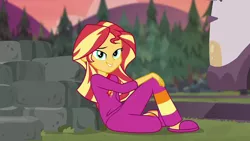 Size: 1280x720 | Tagged: safe, derpibooru import, screencap, sunset shimmer, equestria girls, equestria girls series, wake up!, spoiler:choose your own ending (season 2), spoiler:eqg series (season 2), adorasexy, clothes, cute, female, fire pit, grass, looking at you, outdoors, pajamas, rv, sexy, shimmerbetes, sitting, slippers, smiling, solo, stone blocks, tree, wake up!: applejack