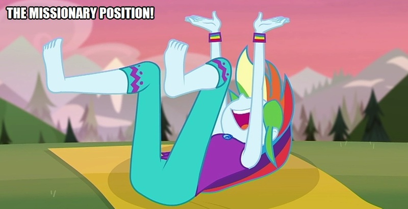 Size: 974x500 | Tagged: suggestive, derpibooru import, edit, edited screencap, screencap, rainbow dash, equestria girls, equestria girls series, wake up!, spoiler:choose your own ending (season 2), spoiler:eqg series (season 2), barefoot, caption, clothes, feet, geode of super speed, image macro, magical geodes, pants, solo, text, wake up!: rainbow dash, yoga, yoga mat, yoga pants