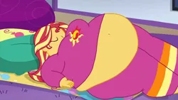 Size: 1024x576 | Tagged: suggestive, artist:jamesawilliams1996, derpibooru import, edit, edited screencap, screencap, sunset shimmer, series:sunset's great when she's fat, equestria girls, equestria girls series, wake up!, spoiler:choose your own ending (season 2), spoiler:eqg series (season 2), bbw, belly, belly button, big belly, breasts, busty sunset shimmer, chubby cheeks, chubby shimmer, clothes, eyes closed, fat, fat boobs, fat edit, female, huge belly, obese, pajamas, sleeping, slobset shimmer, solo, solo female, story included, wake up!: pinkie pie