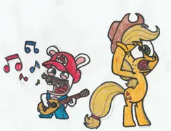 Size: 1803x1377 | Tagged: safe, artist:drquack64, derpibooru import, applejack, earth pony, pony, applejack's hat, bipedal, cowboy hat, crossover, guitar, hat, mario + rabbids kingdom battle, musical instrument, rabbid, rabbid mario, traditional art