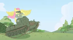 Size: 1278x705 | Tagged: anthro, artist:dirt-slayer, binoculars, clothes, derpibooru import, female, fluttershy, safe, solo, spread wings, t-34, tank (vehicle), uniform, wings