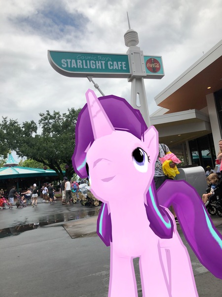 Size: 3024x4032 | Tagged: safe, derpibooru import, photographer:undeadponysoldier, starlight glimmer, human, pony, unicorn, augmented reality, building, carousel, cosmic ray's starlight cafe, disney world, female, i see what you did there, irl, irl human, looking up, magic kingdom, mare, namesake, not photoshoped, photo, ponies in real life, puddle, pun, restaurant, sign, vacation