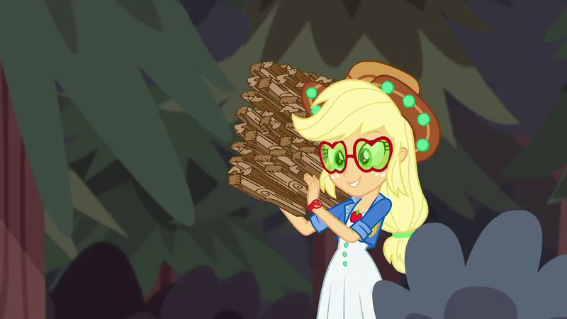 Size: 1280x720 | Tagged: safe, derpibooru import, screencap, applejack, equestria girls, equestria girls series, wake up!, spoiler:choose your own ending (season 2), spoiler:eqg series (season 2), applejack's festival hat, applejack's sunglasses, bush, carrying, clothes, dress, female, geode of super strength, hat, magical geodes, outdoors, smiling, solo, sunglasses, tree, wake up!: applejack, wood, working