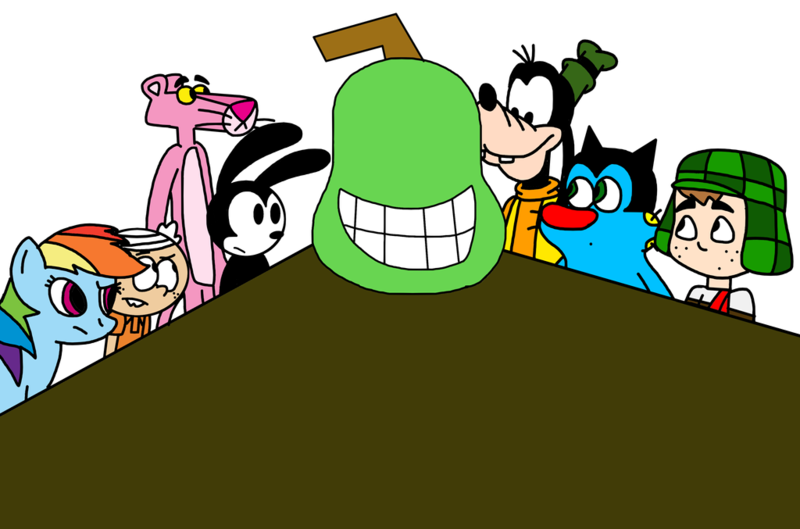 Size: 1024x677 | Tagged: safe, artist:mega-shonen-one-64, derpibooru import, rainbow dash, pegasus, pony, biting pear of salamanca, crossover, disney, el chavo, el chavo del 8, goofy (disney), lincoln loud, oggy, oggy and the cockroaches, oswald the lucky rabbit, pink panther, the loud house