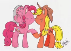 Size: 2607x1871 | Tagged: safe, artist:rhythm-is-best-pony, derpibooru import, applejack, pinkie pie, earth pony, pony, applejack's hat, applepie, commission, cowboy hat, female, hat, holding hooves, kissing, lesbian, shipping, traditional art, wedding veil