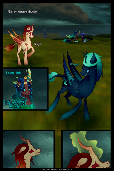 Size: 2560x3840 | Tagged: safe, artist:astralmelodia, deleted from derpibooru, derpibooru import, princess celestia, princess luna, oc, oc:equinox (astralmelodia), oc:solstice (astralmelodia), alicorn, pony, comic:era of night, alicorn oc, cloud, comic, curved horn, family, foal, horn, jewelry, magic, ocean, playing, redesign, royal sisters, siblings, signature, text, thunderstorm, wings