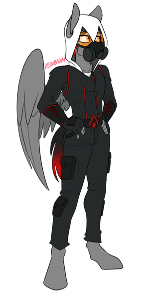 Size: 541x988 | Tagged: anthro, anthro oc, artist:redxbacon, assassin's creed, cargo pants, clothes, derpibooru import, fingerless gloves, gas mask, gloves, goggles, hand on hip, hood, hoodie, male, mask, oc, oc:shadow beat, pants, pegasus, safe, simple background, solo, unguligrade anthro, uniform, unofficial characters only, white background, wings