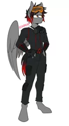 Size: 541x988 | Tagged: amber eyes, anthro, anthro oc, artist:redxbacon, assassin's creed, cargo pants, clothes, derpibooru import, fingerless gloves, gas mask, gloves, goggles, hand on hip, hoodie, male, mask, oc, oc:shadow beat, pants, pegasus, safe, simple background, solo, unguligrade anthro, uniform, unofficial characters only, white background, wings