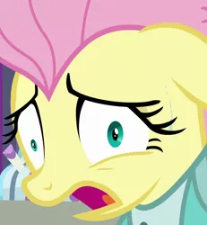 Size: 814x880 | Tagged: safe, derpibooru import, screencap, fluttershy, pegasus, pony, fake it 'til you make it, alternate hairstyle, close-up, clothes, cropped, derp, faic, female, floppy ears, mare, open mouth, severeshy, solo, sweat, wide eyes