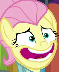 Size: 443x538 | Tagged: safe, derpibooru import, screencap, fluttershy, pegasus, pony, fake it 'til you make it, alternate hairstyle, bust, close-up, cropped, faic, female, mare, severeshy, smiling, solo, uvula, wide eyes