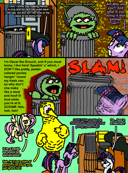 Size: 569x771 | Tagged: artist:hirake! pony key, big bird, cobblestone street, comic, crossover, derpibooru import, fluttershy, my little pony meets sesame street, oscar the grouch, rarity, safe, sesame street, trash can, twilight sparkle, yelling