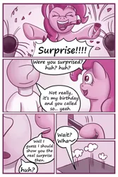 Size: 1000x1500 | Tagged: safe, artist:theunconsistentone, derpibooru import, pinkie pie, oc, oc:anon, earth pony, human, pony, comic:pinkie pie's private party, clothes, comic, lever, monochrome, party, party cannon, shirt, surprise party, t-shirt, trapdoor, whispering