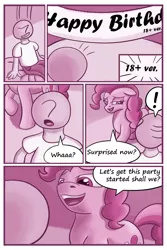 Size: 1000x1500 | Tagged: suggestive, artist:theunconsistentone, derpibooru import, pinkie pie, oc, oc:anon, earth pony, human, pony, comic:pinkie pie's private party, banner, bedroom eyes, birthday, clothes, comic, exclamation point, rape dungeon, shirt, t-shirt