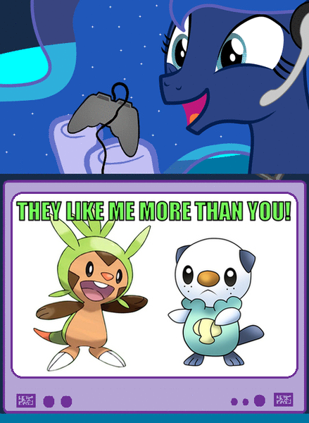 Size: 439x600 | Tagged: chespin, controller, derpibooru import, exploitable meme, gamer luna, gamer meme, happy, meme, obligatory pony, oshawott, pokémon, pokémon x and y, princess luna, safe, text, tv meme