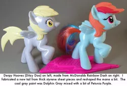 Size: 495x336 | Tagged: artist needed, safe, derpibooru import, derpy hooves, rainbow dash, pegasus, pony, custom, irl, mcdonald's happy meal toys, photo, text, toy