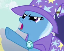 Size: 428x342 | Tagged: safe, derpibooru import, screencap, trixie, pony, unicorn, boast busters, cape, clothes, cropped, hat, solo, trixie's cape, trixie's hat