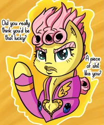 Size: 1905x2301 | Tagged: safe, artist:artiks, derpibooru import, fluttershy, pony, badass, clothes, crossover, dialogue, female, flutterbadass, fluttergio, giorno giovanna, jojo's bizarre adventure, solo, vulgar