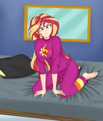 Size: 992x1161 | Tagged: safe, artist:anonix123, derpibooru import, sunset shimmer, human, equestria girls, equestria girls series, wake up!, spoiler:choose your own ending (season 2), spoiler:eqg series (season 2), angry, barefoot, bed, breasts, busty sunset shimmer, clothes, feet, female, frown, human coloration, looking at you, pajamas, pillow, scene interpretation, solo