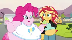 Size: 1024x576 | Tagged: suggestive, artist:jamesawilliams1996, derpibooru import, edit, edited screencap, screencap, pinkie pie, series:sunset's great when she's fat, series:twilight and pinkie's weight problems, equestria girls, equestria girls series, friendship games, bbw, belly, belly button, big belly, big breasts, breasts, chubbie pie, chubby, chubby cheeks, chubby shimmer, cupcake, fat, fat edit, food, huge belly, morbidly obese, not amused face, obese, overweight, piggy pie, pudgy pie, slobset shimmer, ssbbw, story included
