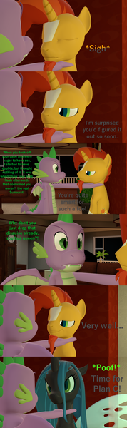 Size: 1920x6480 | Tagged: 3d, against wall, angry, artist:papadragon69, changeling, changeling queen, comic, comic:spike's cyosa, crystal empire, cyoa, derpibooru import, disguise, disguised changeling, dragon, female, male, older, older spike, queen chrysalis, safe, source filmmaker, spike, sunburst, teenager, teenage spike, winged spike