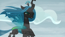 Size: 960x540 | Tagged: safe, derpibooru import, edit, edited screencap, screencap, queen chrysalis, bird, changeling, changeling queen, cragadile, crocodile, goat, roc, frenemies (episode), animated, bird of prey, female, flying, forest, glowing eyes, ice, journey, jumping, magic, montage, mount everhoof, mountain, music, shadow, shapeshifting, snow, solo, sound, swimming, transformation, webm, wind, windswept mane